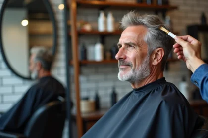 Homme de 55 ans en train de se faire appliquer une teinture naturelle dans un salon de coiffure moderne, résultat naturel sur cheveux gris