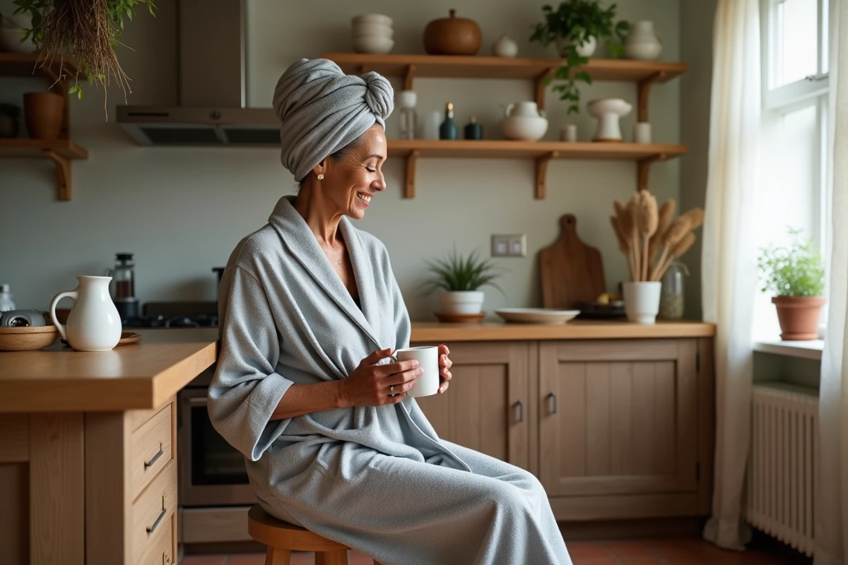 Femme aux cheveux blancs avec un turban de henné posé en train de respecter le temps de pause dans une cuisine naturelle
