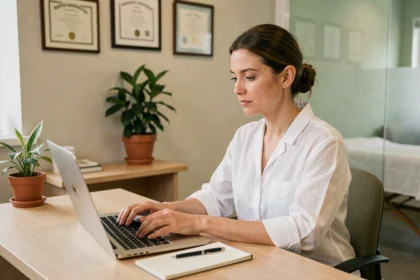 Thérapeute en massage assise à un bureau en bois, rédigeant attentivement sa première annonce professionnelle sur un ordinateur portable dans un studio de bien-être