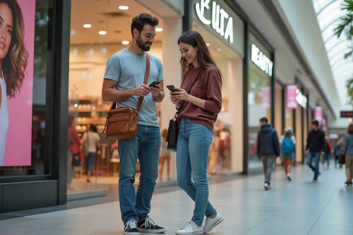 Couple de touristes devant une façade de magasin Ulta Beauty dans un centre commercial américain, consultant leur téléphone pour planifier leurs achats