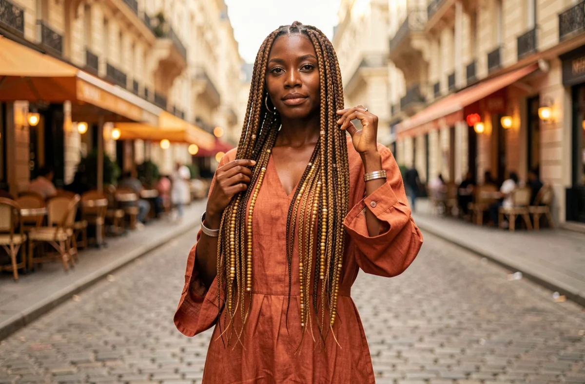 Femme portant des tresses Fulani avec perles dorées dans une rue urbaine française