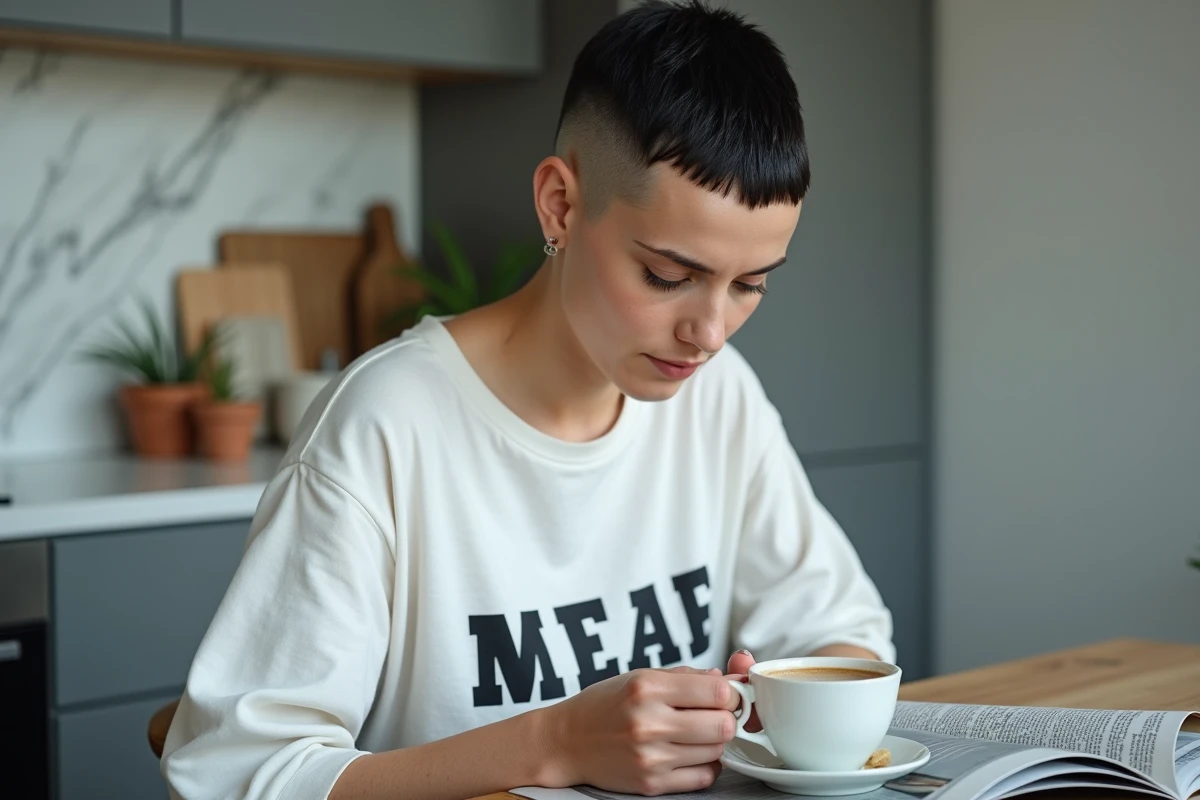 Jeune femme avec une coupe courte undercut sur cheveux très fins et raides noirs dans une cuisine moderne