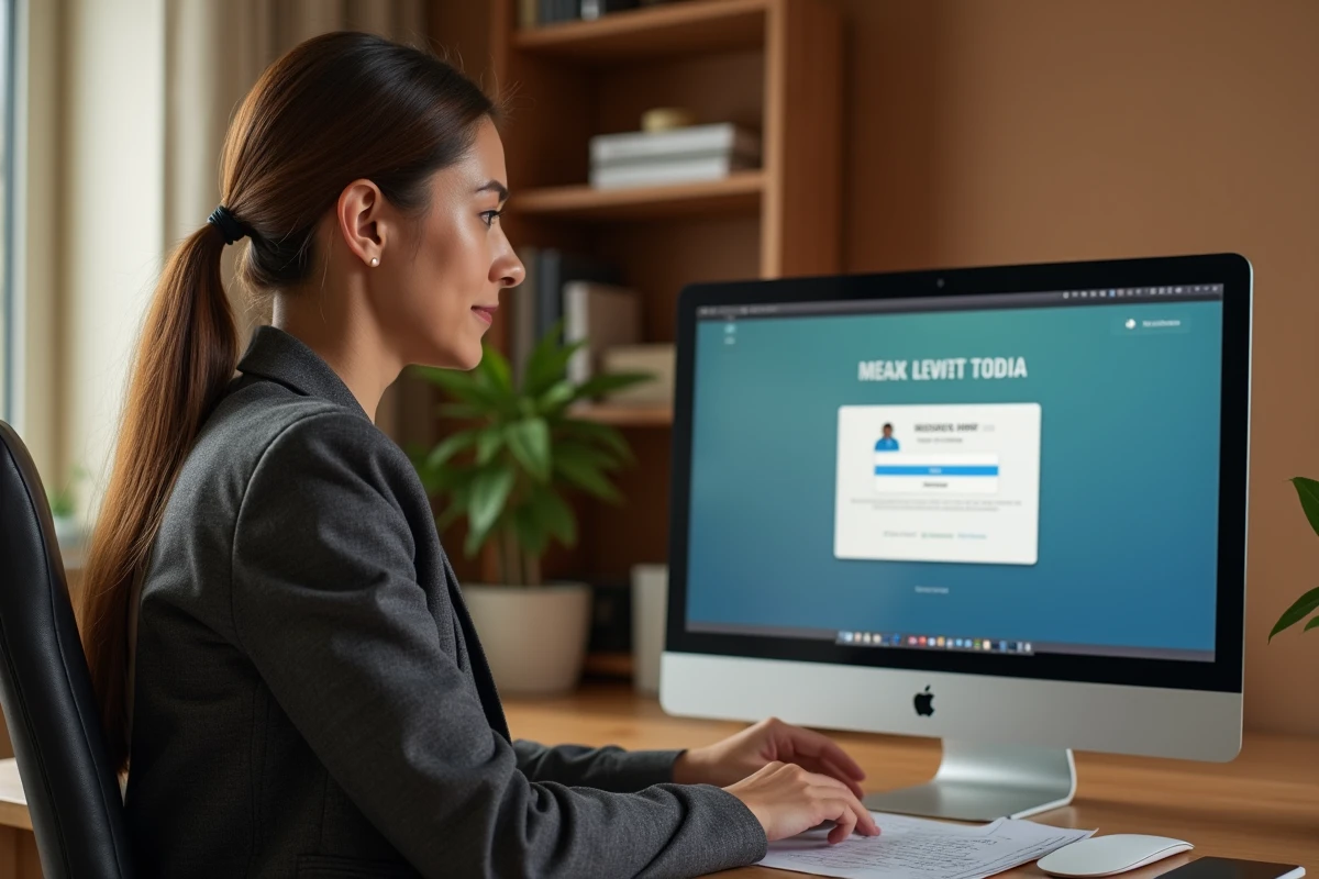 Femme consultant ses identifiants de connexion pour accéder à la vente au personnel L'Oréal depuis un bureau à domicile